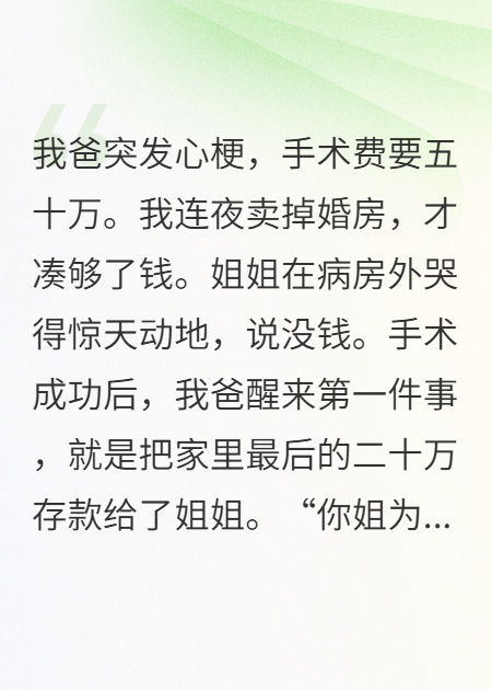 我出五十萬(wàn)手術(shù)費，我爸卻只心疼姐姐的眼淚