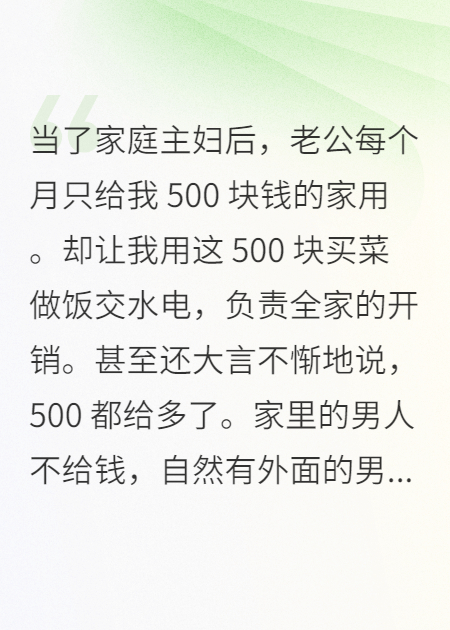 《老公每个月只给我500块钱的家用》火爆小说